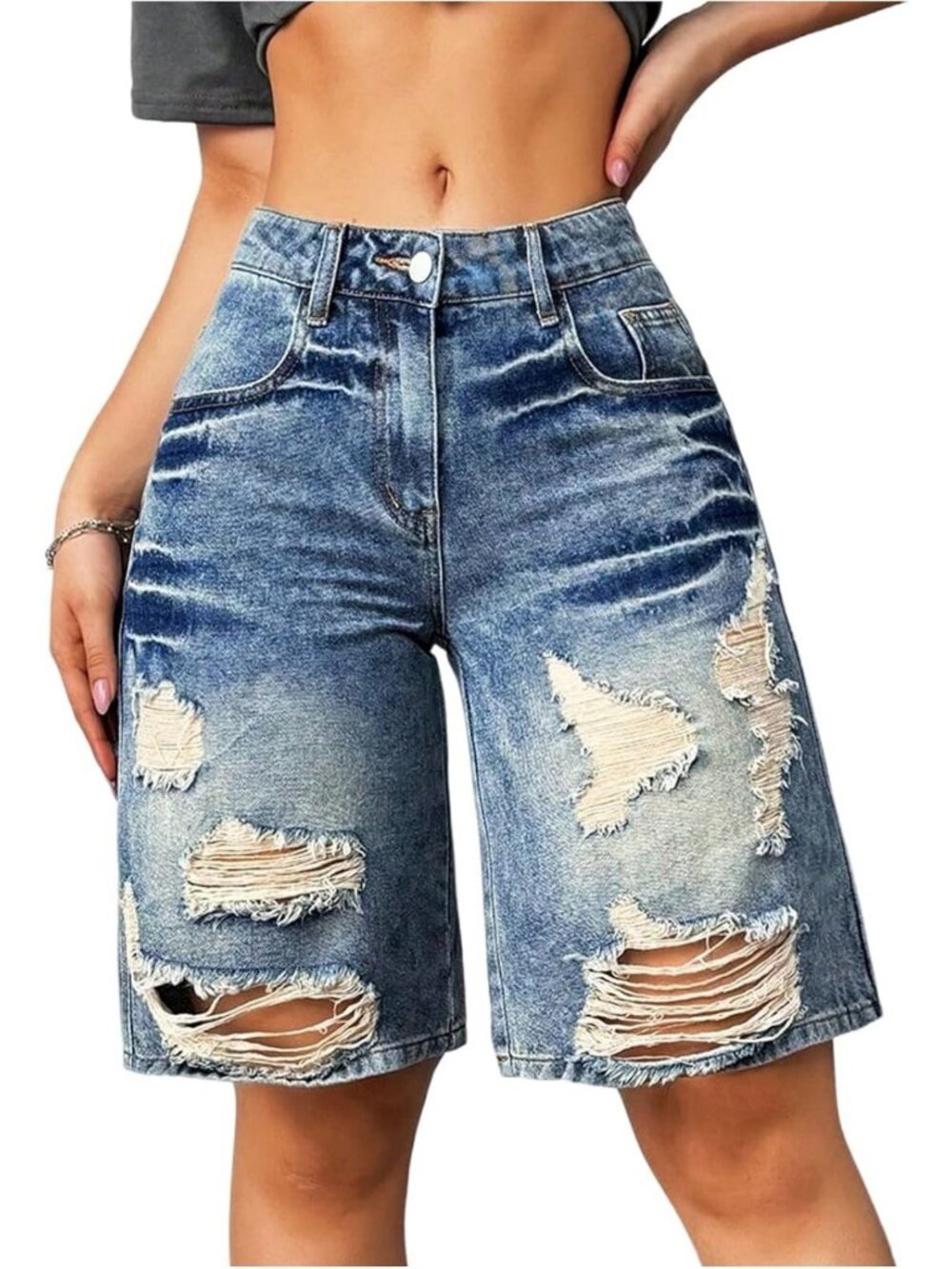 Mid Rise Distressed Bermuda Denim Shorts for Women - Ripped Raw Hem Street Style